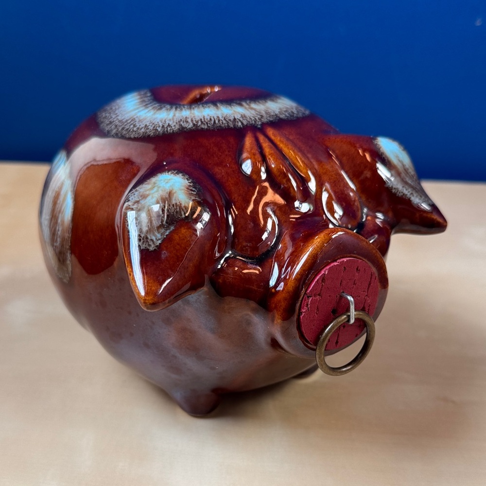 1957 Hull Pottery Corky Pig Bank in brown with turquoise cork nose ring